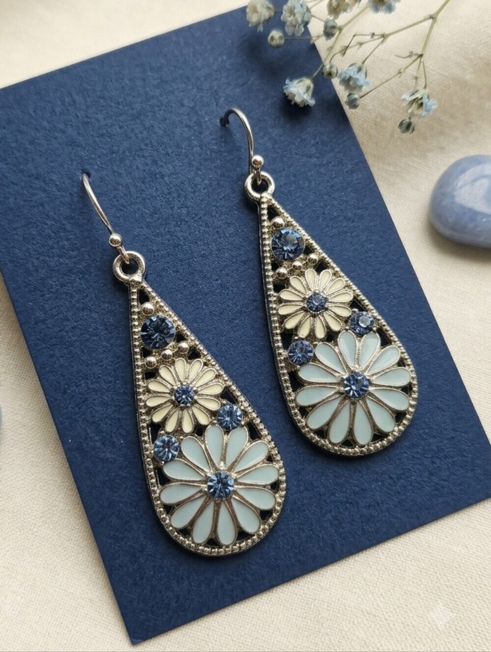 Blue and Pale Yellow Floral Teardrop Earrings - Picture 1 of 16